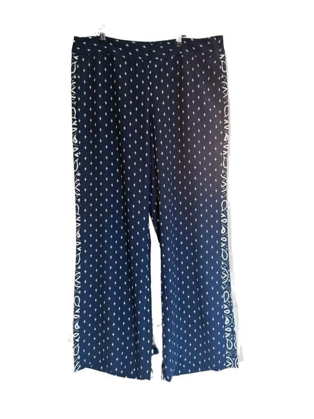 Cabi Track Star Trouser Navy Paisley Border Pants, Side Zip, 14 - Picture 2 of 9